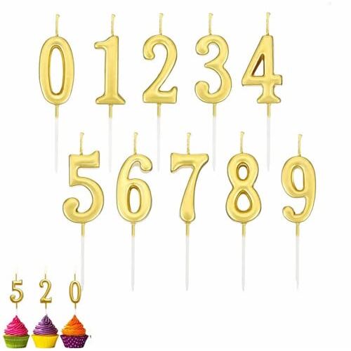 QRTSJ Verjaardagskaarsen, 10 stuks verjaardagskaarsen nummer 0-9 glitter verjaardagstaarten verjaardagstaartkaarsen voor verjaardagsfeest, feest (goud)