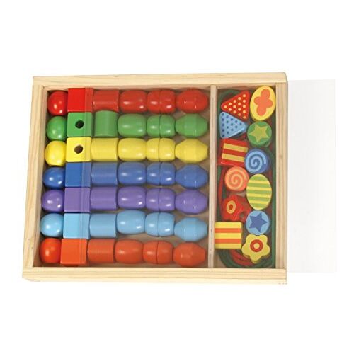 Lena 32010 Knutselset houten rijgkralen in houten doosje, met 54 houten rijgkralen van 3 cm, houten kralenset voor kinderen vanaf 3 jaar, set voor het zelf maken van kettingen en kralensieraden