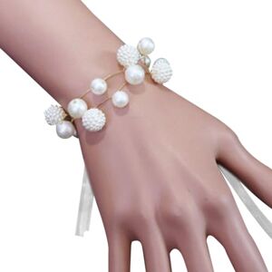 Generic Bride Wristlet Corsage Bridal Faux Pearl Glass Ribbon Bracelet for Corsage