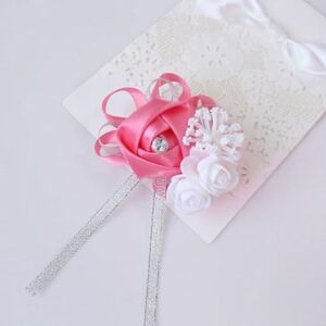 KUSAGA Wrist flower,Wrist corsage Wedding corsage Bracelet Ribbon Flower Cuff Bracelets Bridesmaid Bridal corsage Wedding Bracelets for Women-deep-pink (Color : Pink)