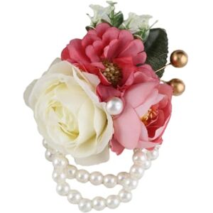 CNBYDK Pink Rose Wrist Flower Corsage Yellow with 2-layer Pearl Strand Bridesmaids Wrist Flower Bracelet