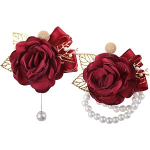 CNBYDK Gold leaf pearl rose flower wrist flower corsage red with pearl chain bride bridesmaid wrist flower bracelet