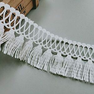 Qiuda 3 Meters Polyester Grid Tassel Fringe Lace Edging Trim Ribbon 5 cm Width Vintage Style White Black Trimmings Fabric Sewing Craft Embroidered Applique Wedding Bridal Dress Party Clothes DIY(White)