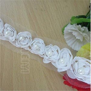 Qiuda 2 Meters 3D Chiffon Rose Flower Pearl Beaded Floral Lace Edge Trim Ribbon 5 cm Width Vintage Style Edging Trimmings Fabric Embroidered Applique Sewing Craft Wedding Bridal Dress Clothes DIY (White)