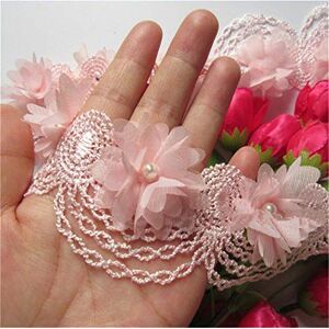 KOMIRO Qiuda 1 Yard Flower Pearl Lace Edge Trim Ribbon 6 cm Width Vintage Style Pink Edging Trimmings Fabric Embroidered Applique Sewing Craft Wedding Bridal Dress Embellishment DIY Decor Clothes Embroidery