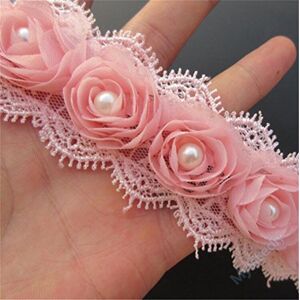 Qiuda 1 Yard Flower Pearl Lace Edge Trim Ribbon 5 cm Width Vintage Style Pink Edging Trimmings Fabric Embroidered Applique Sewing Craft Wedding Bridal Dress Embellishment DIY Decor Clothes Embroidery