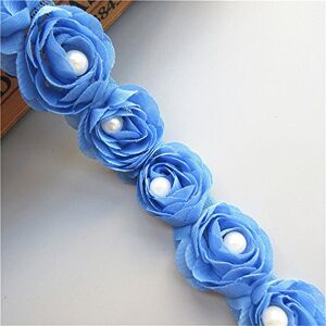 Qiuda 2 Meters 3D Chiffon Rose Flower Pearl Beaded Floral Lace Edge Trim Ribbon 5 cm Width Vintage Style Edging Trimmings Fabric Embroidered Applique Sewing Craft Wedding Bridal Dress Clothes DIY(Blue)