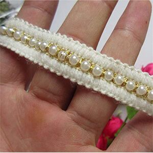 Qiuda 2 Yards Pearl Beaded Lace Edge Trim Ribbon 1.5 cm Width Vintage Style Cream White Gold Edging Trimmings Fabric Embroidered Applique Sewing Craft Wedding Bridal Dress Embellishment Clothes Embroidery