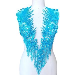 lopituwe Easy To Match Lace Applique For Wedding Bodice And Dance Dresses 3D Beads Embroidered With Rhinestones Nylon, light blue A