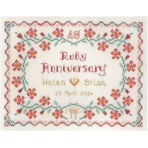 Lifetime Samplers & Decorative Textiles Ruby Wedding Anniversary Sampler for 40 Years of Marriage - Complete Cross Stitch kit on 14 aida with Clear Colour Chart