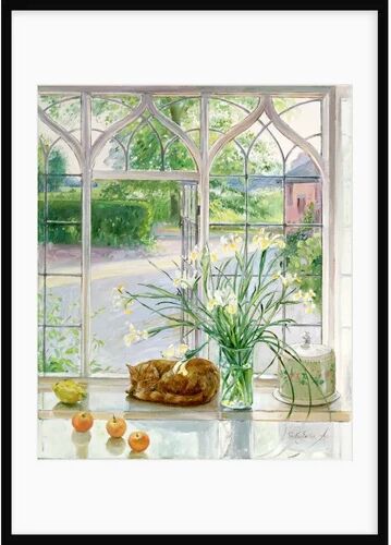 Brambly Cottage 'Irises and Sleeping Cat' Painting Brambly Cottage Format: Framed Paper, Size: 100 cm H x 70 cm W x 2.3 cm D  - Size: 100 cm H x 70 cm W x 2.3 cm D