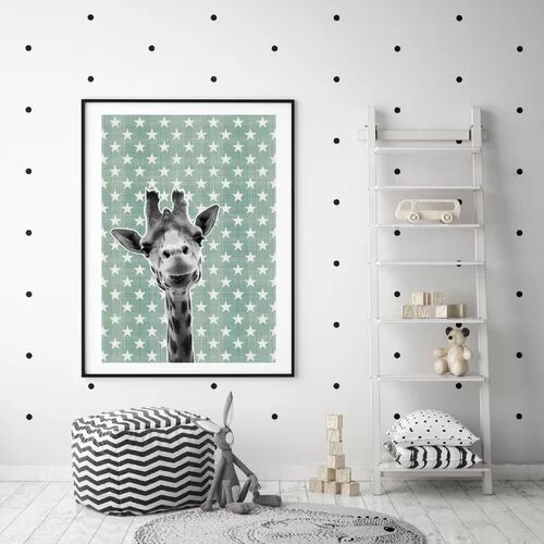 East Urban Home 'Woodland Nursery - Baby Giraffe Star' Framed Graphic Art Print in Teal/White/Grey/Black East Urban Home Size: 50cm H x 40cm W, Format: Black Framed  - Size: Mini (Under 40cm High)