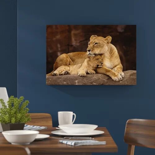 World Menagerie Lioness Cuddles with Her Cub Wall Art on Canvas World Menagerie Size: 70cm H x 100cm W  - Size: Mini (Under 40cm High)