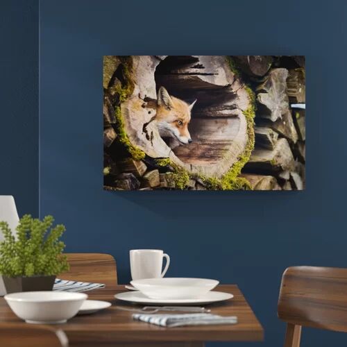 East Urban Home Fox in Tree Trunk Photographic Print on Canvas East Urban Home Size: 70cm H x 100cm W  - Size: 40cm H x 60cm W