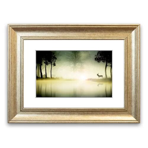 East Urban Home 'Deer in the Morning Lake Cornwall Forest' Framed Photographic Print East Urban Home Size: 93 cm H x 70 cm W, Frame Options: Silver  - Size: 50 cm H x 70 cm W