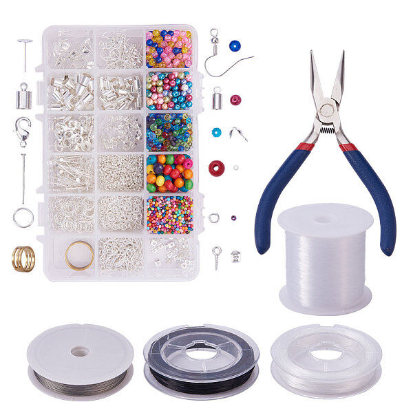 PandaHall Elite DIY Jewelry Making Kit, Glass Beads, Wood Beads and Jewelry Findings, Mixed Color, 16.5x10.8x3cm - Beadpark.com