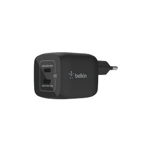 Belkin Components Belkin BoostCharge Pro - Strømforsyningsadapter - PPS og GaN-teknologi - 45 Watt - 3 A - Fast Charge, PD 3.0 - 2 output-stikforbindelser (2 x USB-C) - sort