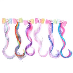 6 farve Unicorn sløjfe-hårspænder med farverige hårforlængelser Glitter B