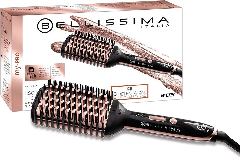 bellissima magic straight brush pb11 100 spazzola elettrica lisciante, 3 lati esterni riscaldati, spegnimento automatico, tecnologia a ioni, ceramica, 160 c°- 210°c