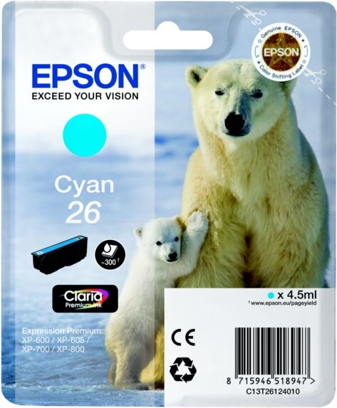 Epson Original Epson Expression Premium XP-520 Tintenpatrone (26 / C 13 T 26124010) cyan, 300 Seiten, 3,5 Cent pro Seite, Inhalt: 4 ml