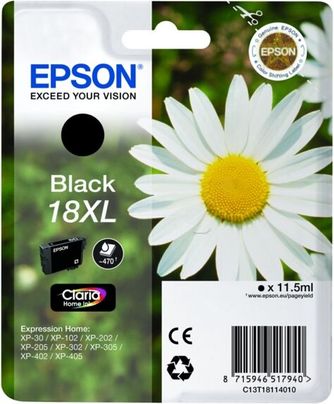 Epson Original Epson Expression Home XP-302 Tintenpatrone (18XL / C 13 T 18114022) schwarz, 470 Seiten, 4,22 Cent pro Seite, Inhalt: 11 ml