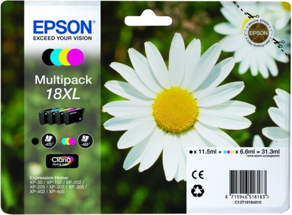 Epson Original Epson Expression Home XP-405 Tintenpatrone (18XL / C 13 T 18164022) multicolor Multipack (4 St.), Inhalt: 470pg + 3x450pg, 1x 12ml + 3x 7ml