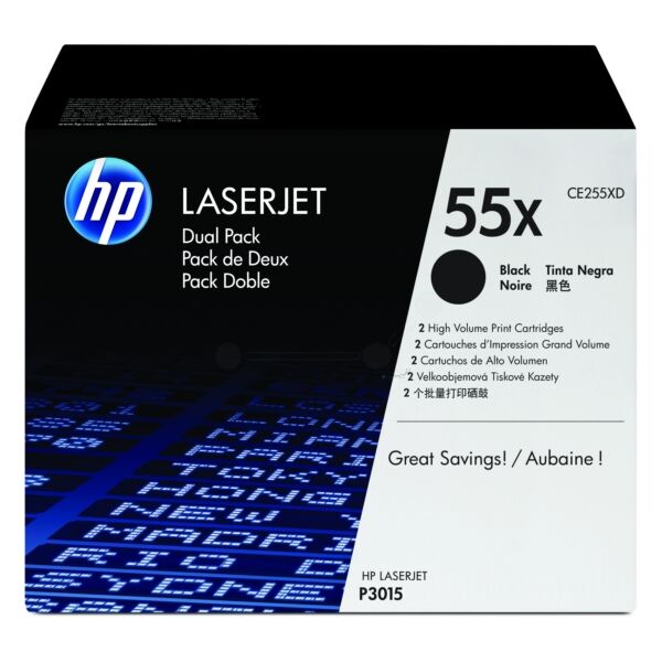 HP Original HP 55X / CE 255 XD Toner schwarz Multipack (2 St.), 12.500 Seiten, 3,67 Rp pro Seite - ersetzt HP 55X / CE255XD Tonerkartusche