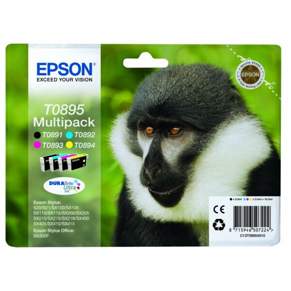 Epson Original Epson Stylus SX 400 WiFi Tintenpatrone (T0895 / C 13 T 08954011) multicolor Multipack (4 St.), Inhalt: 5,8ml + 3x3,5ml