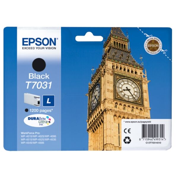 Epson Original Epson WorkForce Pro WP-4595 DNF Blauer Engel Tintenpatrone (T7031 / C 13 T 70314010) schwarz, 1.200 Seiten, 2,7 Rp pro Seite, Inhalt: 24 ml