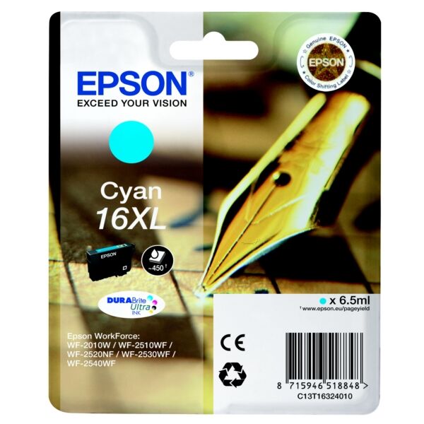 Epson Original Epson WorkForce WF-2660 DWF Tintenpatrone (16XL / C 13 T 16324010) cyan, 450 Seiten, 3,88 Rp pro Seite, Inhalt: 6 ml
