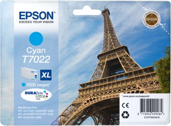 Epson Original Epson WorkForce Pro WP-4520 Tintenpatrone (T7022 / C 13 T 70224010) cyan, 2.000 Seiten, 2,05 Rp pro Seite, Inhalt: 21 ml