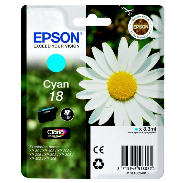 Epson Original Epson Expression Home XP-405 Tintenpatrone (18 / C 13 T 18024010) cyan, 180 Seiten, 5,69 Rp pro Seite, Inhalt: 3 ml