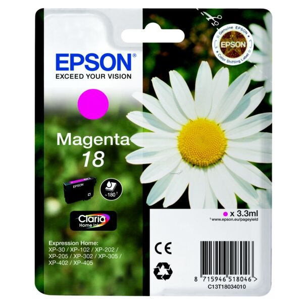 Epson Original Epson Expression Home XP-313 Tintenpatrone (18 / C 13 T 18034010) magenta, 180 Seiten, 5,67 Rp pro Seite, Inhalt: 3 ml