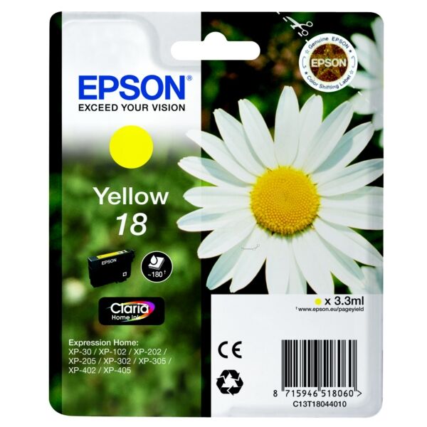 Epson Original Epson Expression Home XP-205 Tintenpatrone (18 / C 13 T 18044010) gelb, 180 Seiten, 5,69 Rp pro Seite, Inhalt: 3 ml