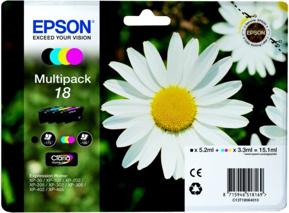 Epson Original Epson Expression Home XP-413 Tintenpatrone (18 / C 13 T 18064010) multicolor Multipack (4 St.), Inhalt: 175pg + 3x180pg, 1x 5ml + 3x 3ml