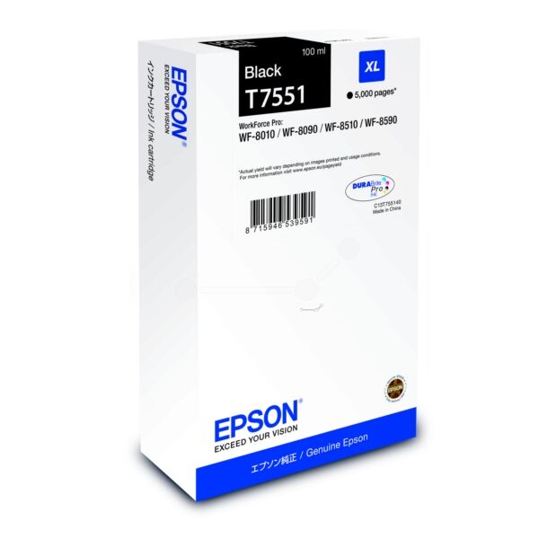 Epson Original Epson WorkForce Pro WF-8090 D3TWC Tintenpatrone (T7551 / C 13 T 755140) schwarz, 5.000 Seiten, 1,45 Rp pro Seite, Inhalt: 100 ml
