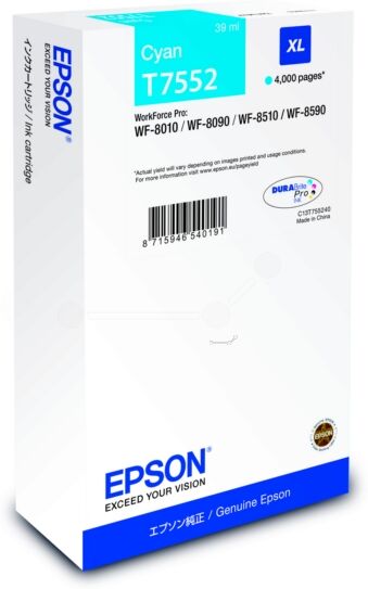 Epson Original Epson C 13 T 755240 / T7552 Tintenpatrone cyan, 4.000 Seiten, 1,78 Rp pro Seite, Inhalt: 39 ml