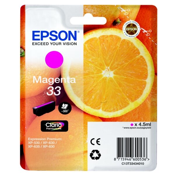 Epson Original Epson Expression Premium XP-630 Tintenpatrone (33 / C 13 T 33434010) magenta, 300 Seiten, 4,33 Rp pro Seite, Inhalt: 4 ml