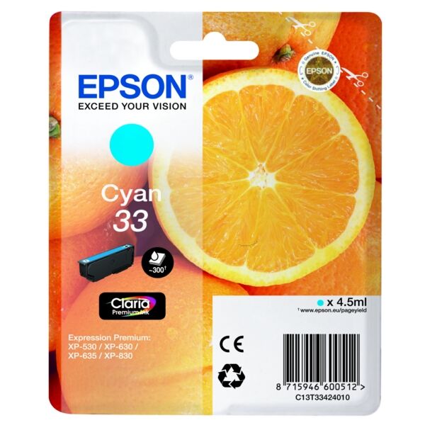 Epson Original Epson Expression Premium XP-540 Tintenpatrone (33 / C 13 T 33424012) cyan, 300 Seiten, 4,13 Rp pro Seite, Inhalt: 4 ml