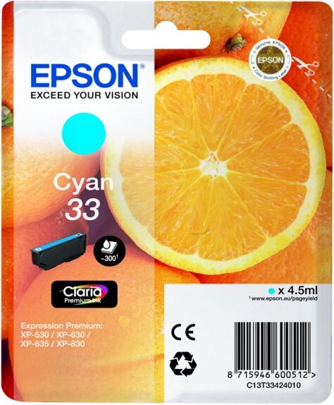 Epson Original Epson C 13 T 33424012 / 33 Tintenpatrone cyan, 300 Seiten, 4,13 Rp pro Seite, Inhalt: 4 ml - ersetzt Epson C13T33424012 / 33 Druckerpatrone