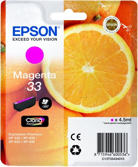 Epson Original Epson 33 / C 13 T 33434012 Tintenpatrone magenta, 300 Seiten, 4,15 Rp pro Seite, Inhalt: 4 ml