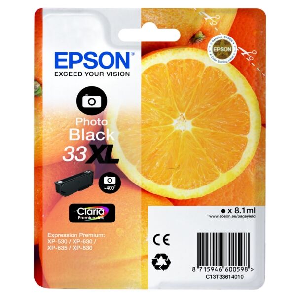 Epson Original Epson C 13 T 33614012 / 33XL Tintenpatrone photoschwarz, 400 Seiten, 5,58 Rp pro Seite, Inhalt: 8 ml