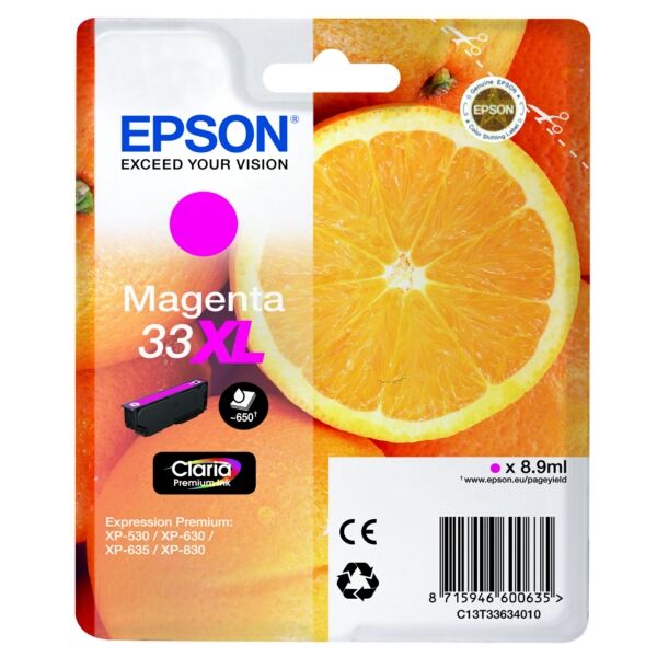 Epson Original Epson 33XL / C 13 T 33634012 Tintenpatrone magenta, 650 Seiten, 3,02 Rp pro Seite, Inhalt: 8 ml