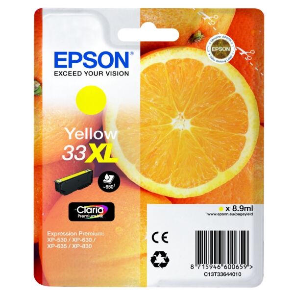 Epson Original Epson Expression Premium XP-635 Tintenpatrone (33XL / C 13 T 33644012) gelb, 650 Seiten, 3,02 Rp pro Seite, Inhalt: 8 ml