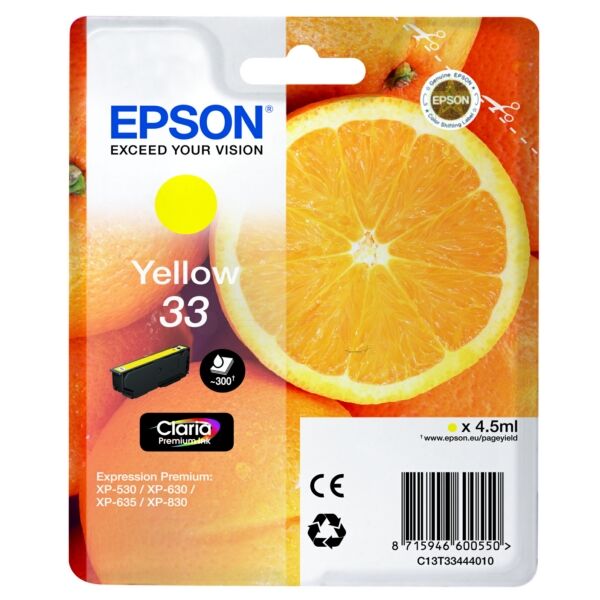 Epson Original Epson Expression Premium XP-630 Series Tintenpatrone (33 / C 13 T 33444022) gelb, 300 Seiten, 4,2 Rp pro Seite, Inhalt: 4 ml