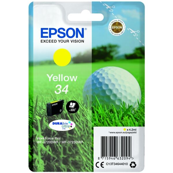 Epson Original Epson WorkForce Pro WF-3700 Series Tintenpatrone (34 / C 13 T 34644010) gelb, 300 Seiten, 3,55 Rp pro Seite, Inhalt: 4 ml