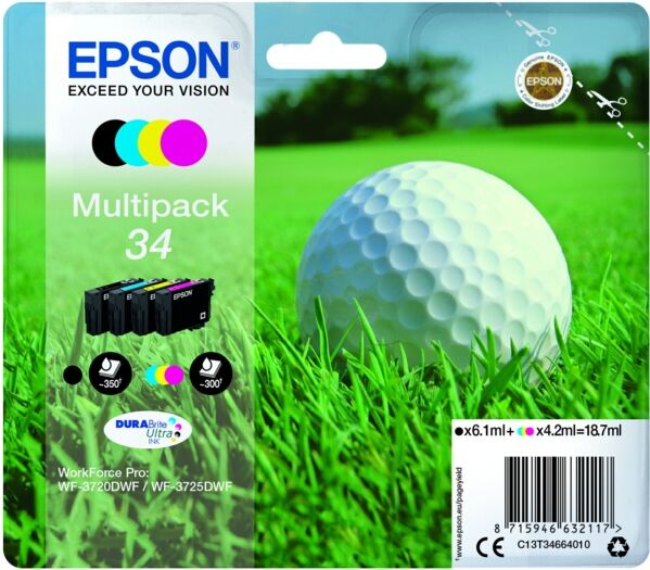 Epson Original Epson WorkForce Pro WF-3720 Series Tintenpatrone (34 / C 13 T 34664010) multicolor Multipack (4 St.), Inhalt: 6,1ml + 3x4,2ml