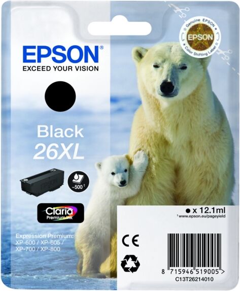 Epson Original Epson 26XL / C 13 T 26214022 Tintenpatrone schwarz, 500 Seiten, 4,48 Rp pro Seite, Inhalt: 12 ml