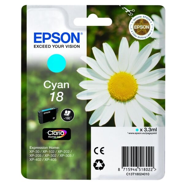 Epson Original Epson C 13 T 18024022 / 18 Tintenpatrone cyan, 180 Seiten, 5,5 Rp pro Seite, Inhalt: 3 ml - ersetzt Epson C13T18024022 / 18 Druckerpatrone