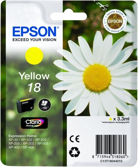 Epson Original Epson Expression Home XP-200 Series Tintenpatrone (18 / C 13 T 18044012) gelb, 180 Seiten, 5,42 Rp pro Seite, Inhalt: 3 ml